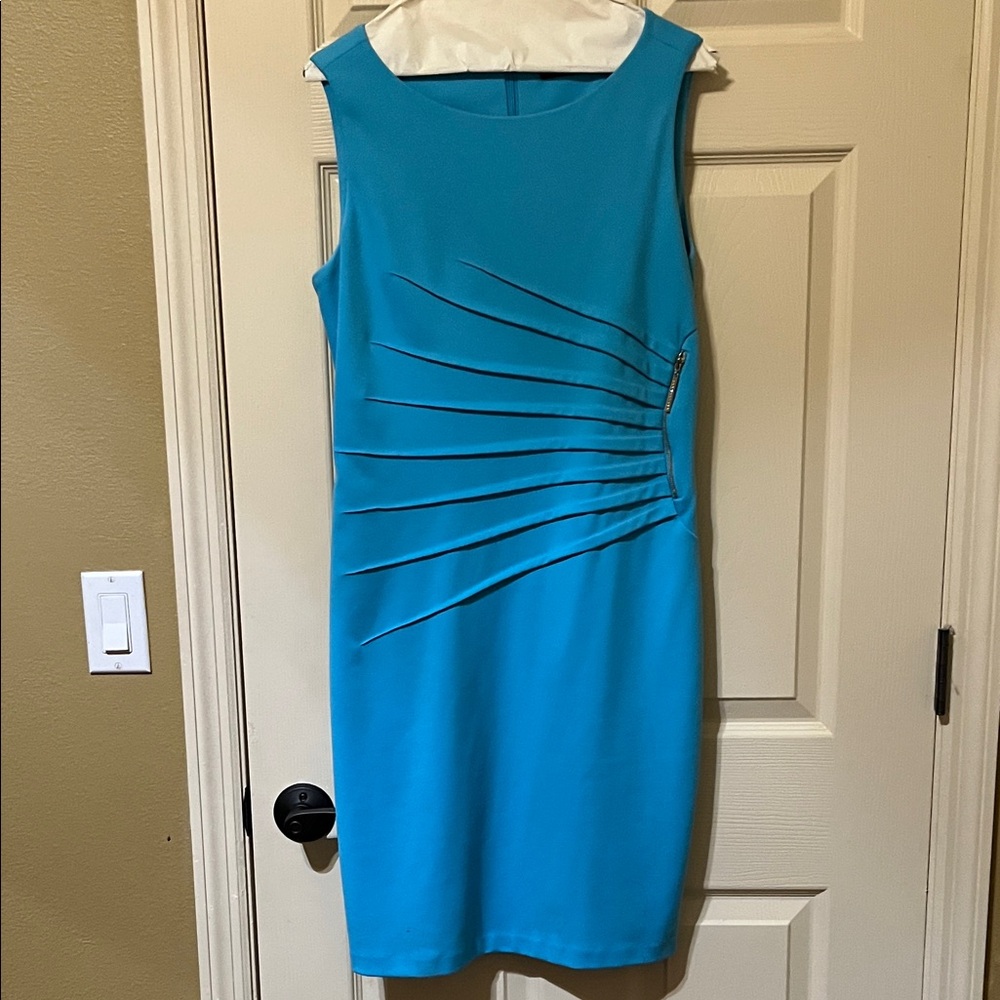 Ivanka Trump Turquoise Sleeveless Sheath Dress with Side Pleat Accents